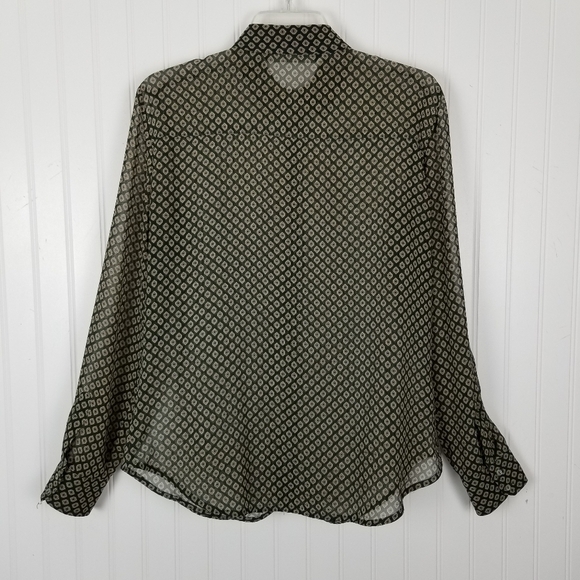 Zara Basic Sheer Print Button Up Blouse Womens Geometric Green Tan Size Medium - Picture 7 of 10